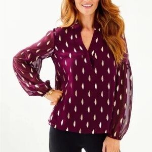 Lilly Pulitzer Shea Silk Tunic Top Cabernet Berry Diamond Shirt Blouse Sz XS